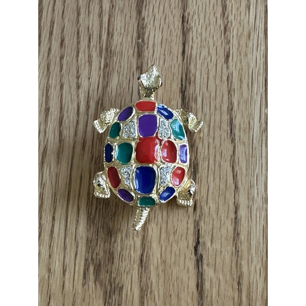 Crystal Rhinestone Turtle Brooch Pin Gold Toned Enamel Multi-Colored - Picture 2 of 6